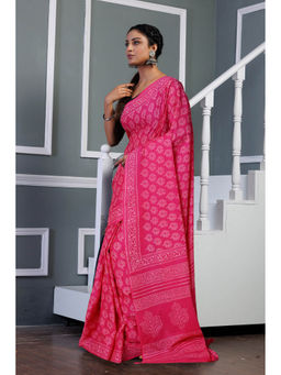 Unnati Silks - Pink Pure Hand Block Printed Soft Cotton Saree with Unstitched Blouse