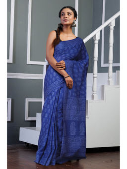 Unnati Silks - Blue Pure Hand Block Printed Soft Cotton Saree with Unstitched Blouse