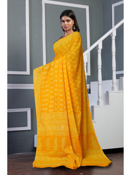 Unnati Silks - Yellow Pure Hand Block Printed Soft Cotton Saree with Unstitched Blouse