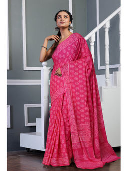 Unnati Silks - Pink Pure Hand Block Printed Soft Cotton Saree with Unstitched Blouse