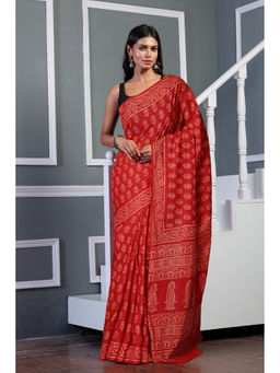 Unnati Silks - Red Pure Hand Block Printed Soft Cotton Saree with Unstitched Blouse