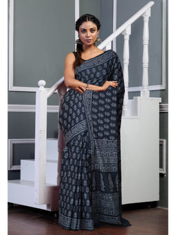 Unnati Silks - Dark Grey Pure Hand Block Printed Soft Cotton Saree with Unstitched Blouse