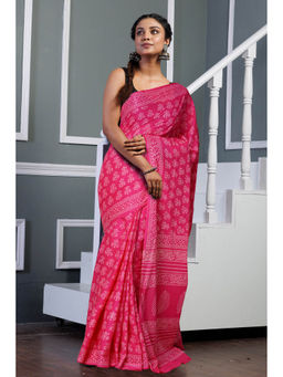 Unnati Silks - Pink Pure Hand Block Printed Soft Cotton Saree with Unstitched Blouse