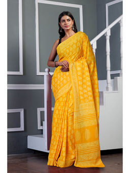 Unnati Silks - Yellow Pure Hand Block Printed Soft Cotton Saree with Unstitched Blouse