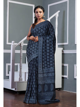 Unnati Silks - Dark Grey Pure Hand Block Printed Soft Cotton Saree with Unstitched Blouse
