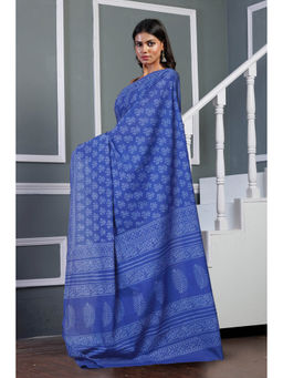 Unnati Silks - Blue Pure Hand Block Printed Soft Cotton Saree with Unstitched Blouse