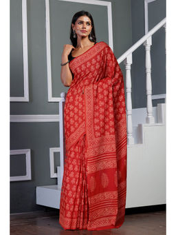Unnati Silks - Red Pure Hand Block Printed Soft Cotton Saree with Unstitched Blouse