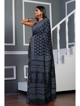 Unnati Silks - Dark Grey Pure Hand Block Printed Soft Cotton Saree with Unstitched Blouse