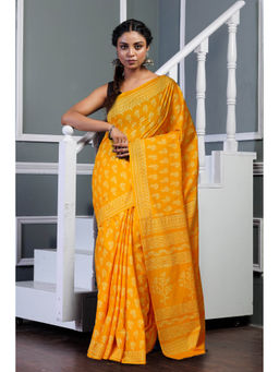 Unnati Silks - Yellow Pure Hand Block Printed Soft Cotton Saree with Unstitched Blouse