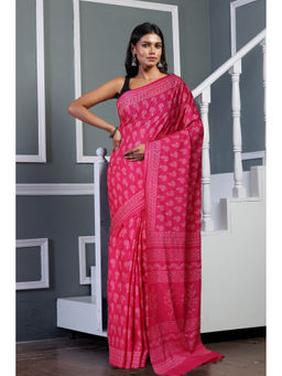 Unnati Silks - Pink Pure Hand Block Printed Soft Cotton Saree with Unstitched Blouse