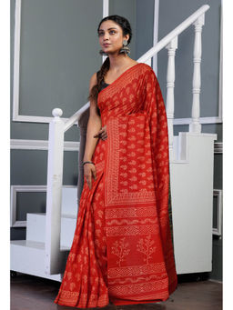 Unnati Silks - Red Pure Hand Block Printed Soft Cotton Saree with Unstitched Blouse