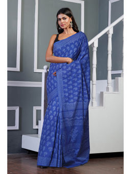 Unnati Silks - Blue Pure Hand Block Printed Soft Cotton Saree with Unstitched Blouse