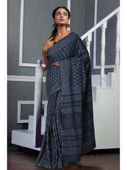 Unnati Silks - Dark Grey Pure Hand Block Printed Soft Cotton Saree with Unstitched Blouse