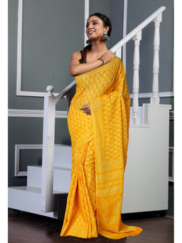 Unnati Silks - Yellow Pure Hand Block Printed Soft Cotton Saree with Unstitched Blouse