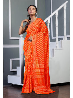 Unnati Silks - Red Pure Hand Block Printed Soft Cotton Saree with Unstitched Blouse