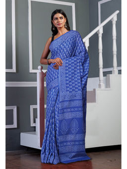 Unnati Silks - Blue Pure Hand Block Printed Soft Cotton Saree with Unstitched Blouse