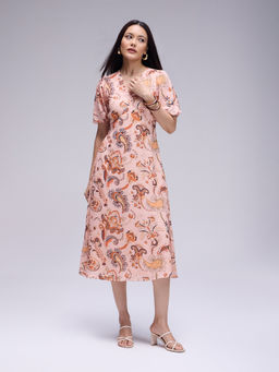 Twenty Dresses by Nykaa Fashion - Multicolour V Neck Puff Sleeves A-Line Midi Dress