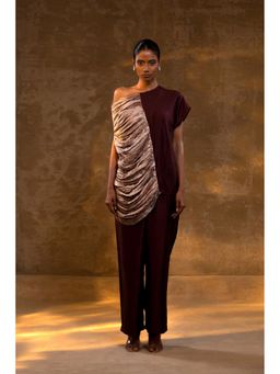 EEDA - Agneya Silk One Shoulder Draped Co-Ord Set - Deepwine