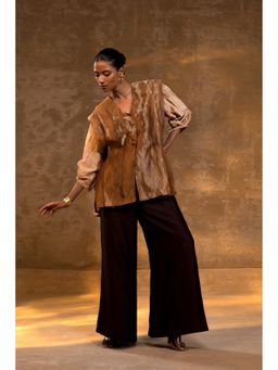 EEDA - Agneya Layered Silk And Tissue Top with Pant and Jacket - Darkamber Brown