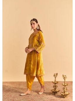 Sheetal Batra - Amal - Silk Velvet Heirloom Mustard A-Line Kurta With Dhoti