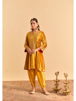 Sheetal Batra - Laiba - Silk Velvet Heirloom Mustard A-Line Kurta With Dhoti And Light Dupatta