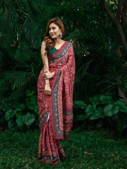 Beatitude - Multicolor Chinon Silk Digital Print & Sequin Work Saree with Unstitched Blouse