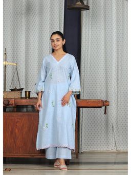 IMROZ HOUSE - Neer Embroidered Blue Cotton Kurta with Pant (Set of 2)