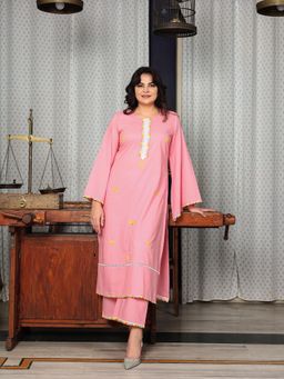 IMROZ HOUSE - Cotton Embroidered Pink Kurta with Pant (Set of 2)