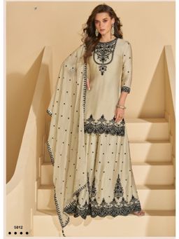 JATRIQQ - Beige Embroidery Sequence, Thread Work Kurta With Palazzo And Dupatta (Set of 3)