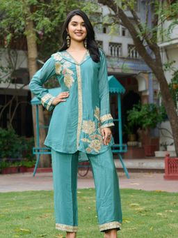 KAFTANIZE - Teal Blue Color With Antique Gold Thread Placement Co-Ord (Set of 2)