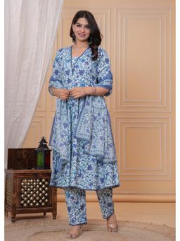 Meeranshi - Blue Floral Printed Angrakha Kurta With Pant And Dupatta (Set of 3)