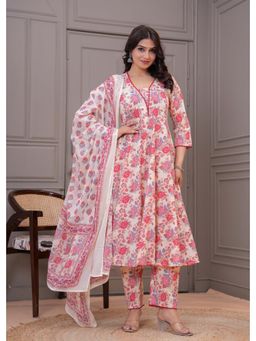 Meeranshi - Cream Floral Printed Angrakha Kurta With Pant And Dupatta (Set of 3)