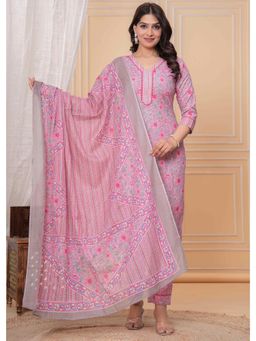 Meeranshi - Rani Pink Floral Printed Straight Kurta With Pant And Dupatta (Set of 3)