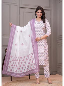 Meeranshi - White Butta Printed Straight Kurta With Pant And Dupatta (Set of 3)
