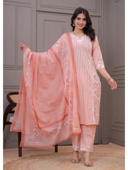 Meeranshi - Peach Stripes Printed Straight Kurta With Pant And Dupatta (Set of 3)
