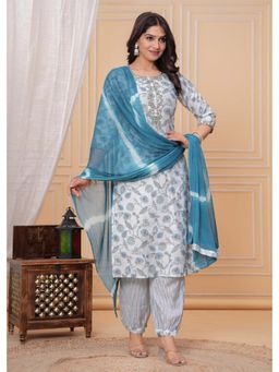 Meeranshi - Light Blue Floral Printed Straight Kurta With Salwar And Dupatta (Set of 3)