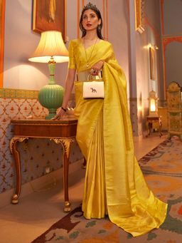 Akhilam - Women Nylon Yellow Woven Design Designer Saree with Blouse Piece