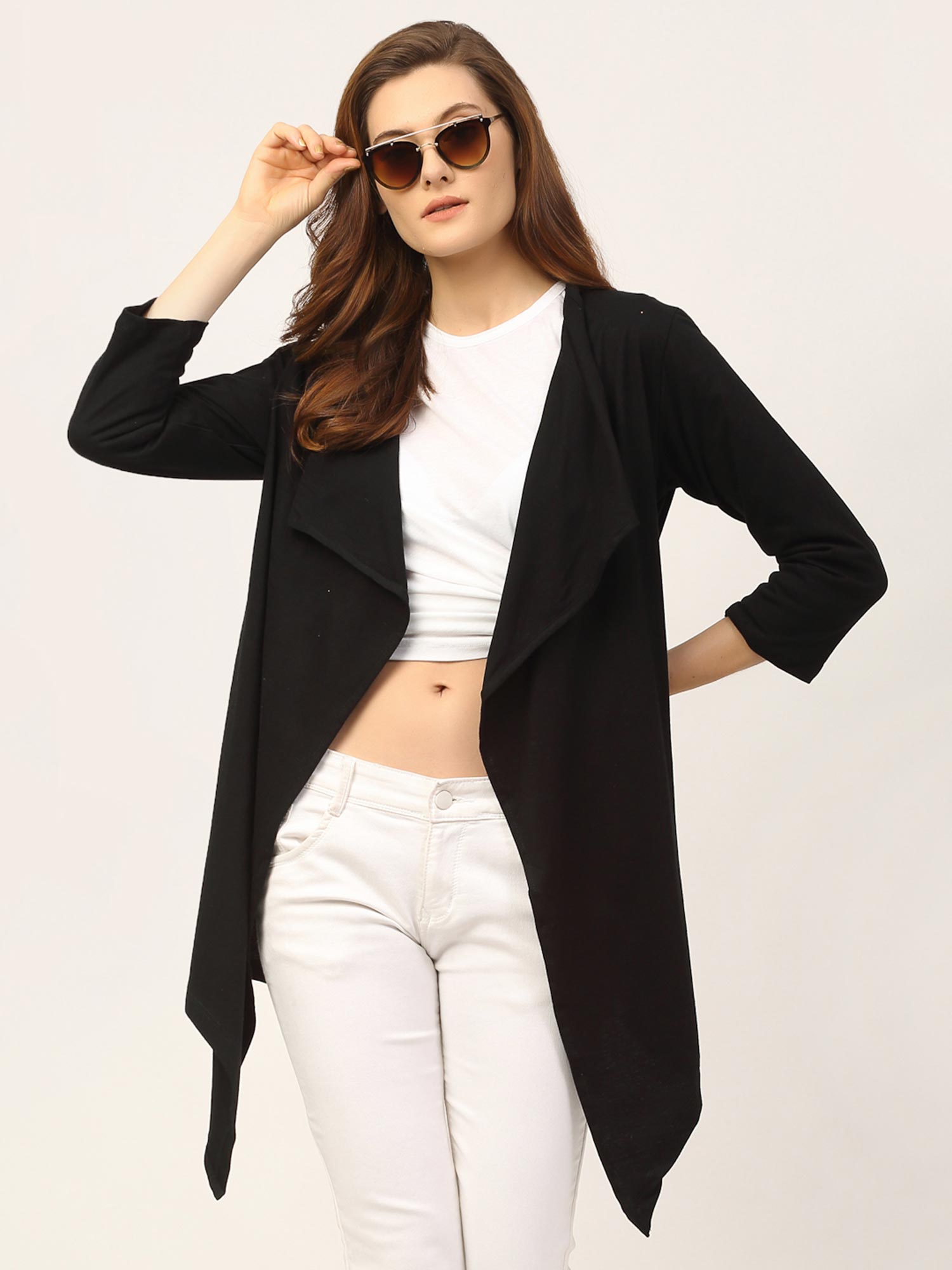rigo Black Waterfall Collar Front Open Long Shrug-picture-25