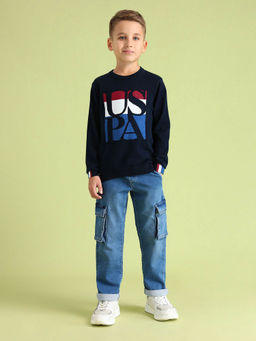 U.S. POLO ASSN. - Navy Blue Boys Brand Print Regular Fit Sweater