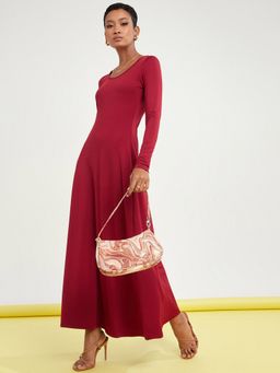 Styli - Red Long Sleeves V Neck A-line Maxi Dress