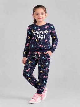 PLUM TREE - Girls Premium Soft Cotton Full Sleeves Sweatshirt and Joggers - Navy Blue
