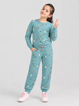 PLUM TREE - Girls Premium Soft Cotton Full Sleeves Sweatshirt and Joggers - Teal