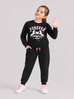 PLUM TREE - Girls Premium Soft Cotton Full Sleeves Sweatshirt and Joggers - Black
