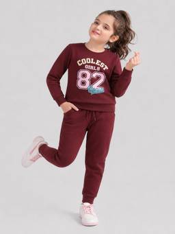 PLUM TREE - Girls Premium Soft Cotton Full Sleeves Sweatshirt and Joggers - Burgundy