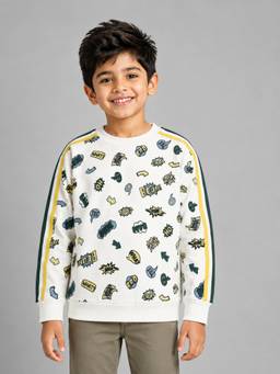 PLUM TREE - Boys Premium Soft Cotton Full Sleeve Round Neck Sweatshirt - Off White