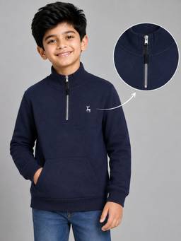PLUM TREE - Boys Premium Soft Cotton Full Sleeve Hi-Neck Half Zipper Sweatshirt - Blue