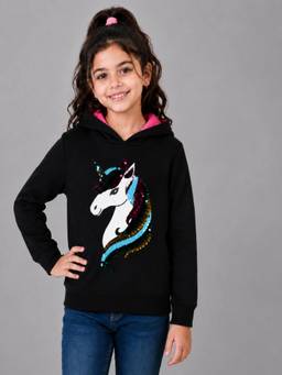 PLUM TREE - Girls Premium Soft Cotton Full Sleeve Hoodie Sweatshirt - Black