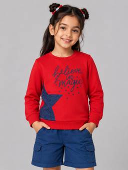 PLUM TREE - Girls Premium Soft Cotton Full Sleeve Round Neck Sweatshirt - Red
