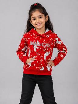PLUM TREE - Girls Premium Soft Cotton Full Sleeve Hoodie Sweatshirt - Red