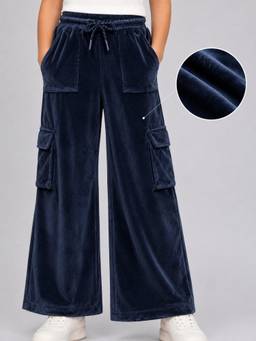 PLUM TREE - Girls Velour Wide Leg Cargo Pant - Navy Blue